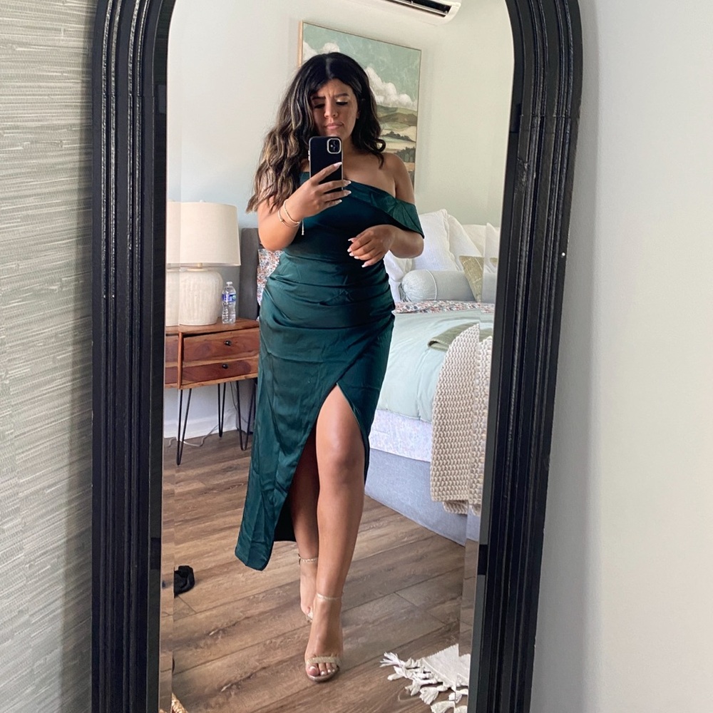 Lulu's Dark Green Asymmetrical Tulip Midi Dress
